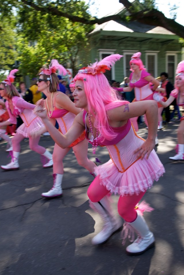 The Pussyfooters is a marching club of bubble-gum bedecked ladies who dance and perform in multiple parades during Mardi Gras season.  I don't know how they do it, but I do know there is a port-a-potty involved and it looks like oodles of fun.  