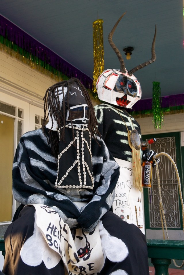 Men dressed as Skeletons take a break at the Backstreet Cultural Museum in the Treme neighborhood on Mardi Gras day.  Early on Mardi Gras morning we'd pile into our friend Kristian's suburban and troll the streets looking for the Skeletons in action, making a racket and bringing the city to life, threatening, "You next!"  I still have yet to see them in action.