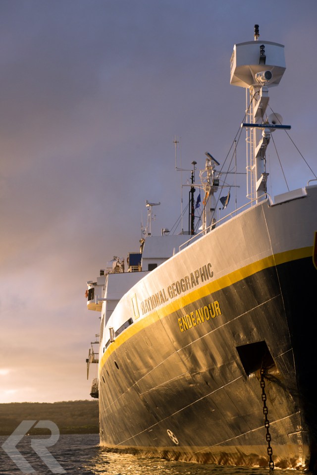 National Geographic Endeavour ship at sunset.