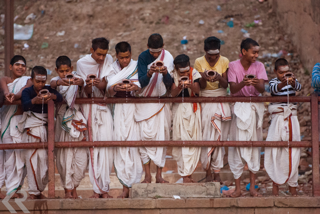 Picture of young sanskrit students at sunrise in Varanasi