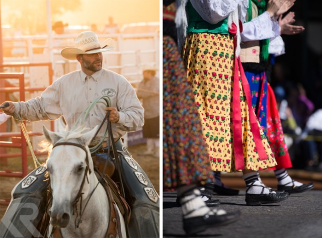 Picture of a roper at a Texas rodeo and women in Basque costumes at a parade