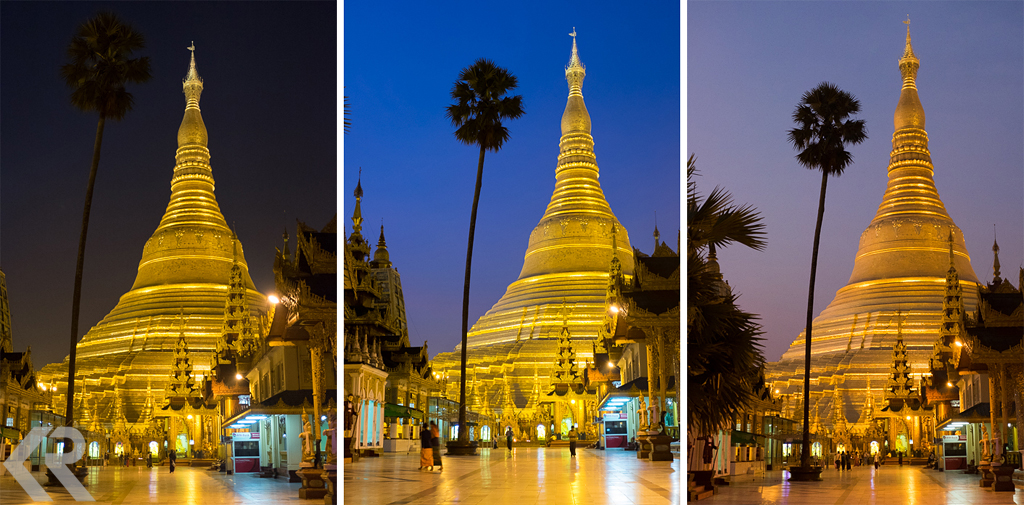Examples of changing light at Shwedagon Pagoda in Myanmar at dawn.